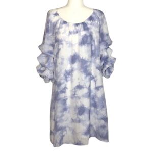 INDIGO ROSE Plus Size White Blue Tie Dye Watercolor 3/4 Sleeve Puff Sleeve Dress